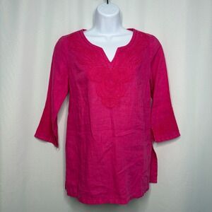 Tommy Bahama Womens Fuchsia Pink 100% Linen Embroidered Tunic Top 3/4 Sleeve